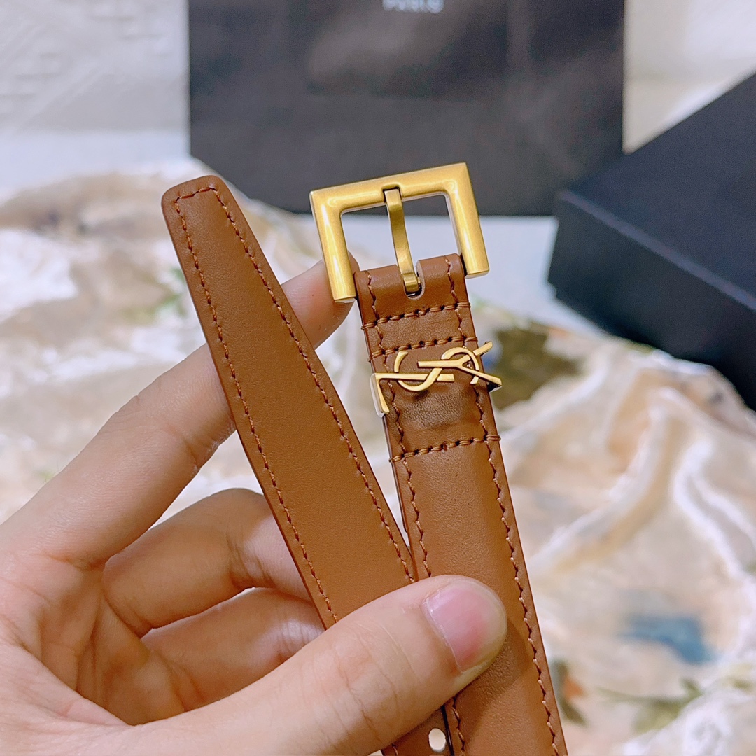 YSL Saint Laurent square buckle belt with CASSANDRE logo belt loop.