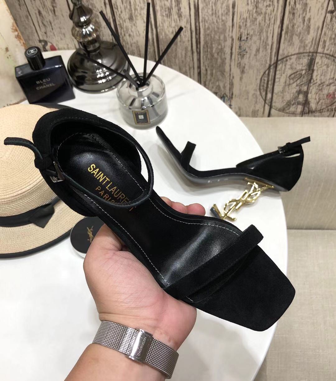 YSL Saint Laurent Sandals Logo heel square toe