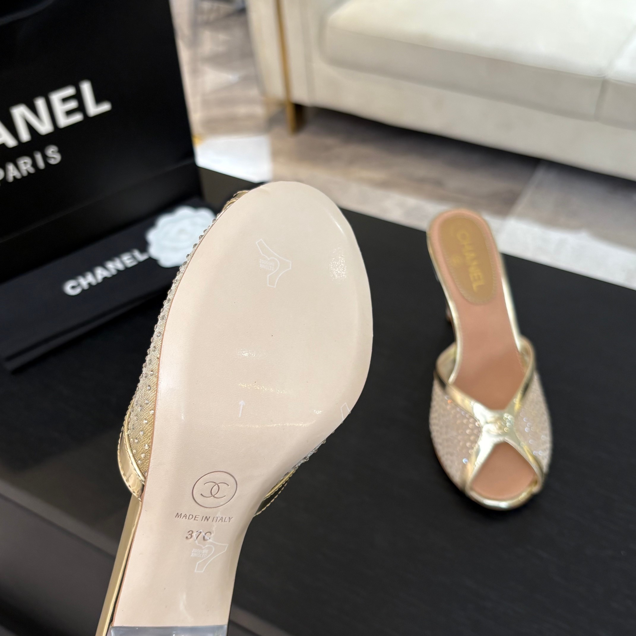 Chanel Net mesh lace high-heeled slippers