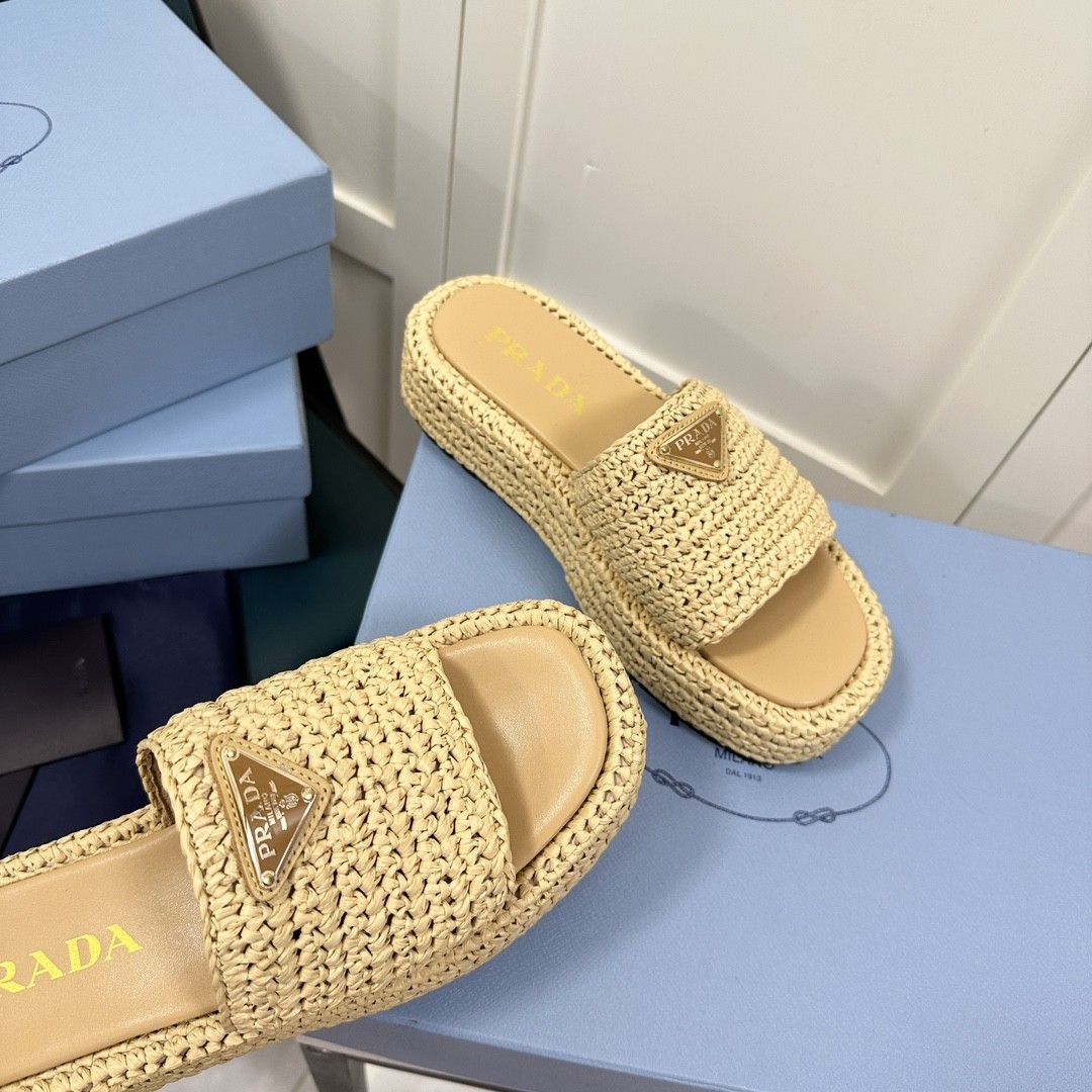 Prada Woven straw slippers