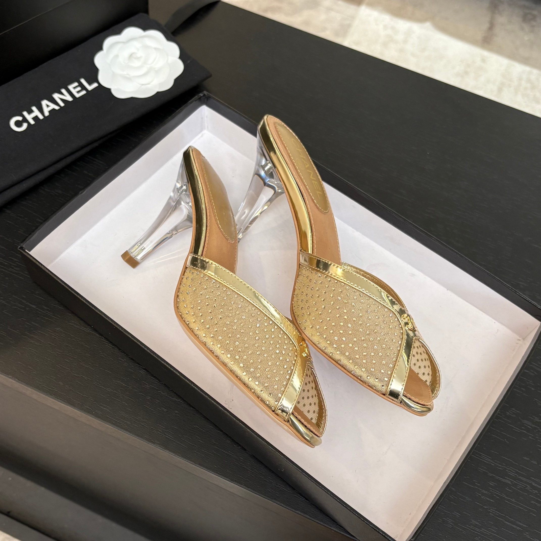 Chanel Net mesh lace high-heeled slippers