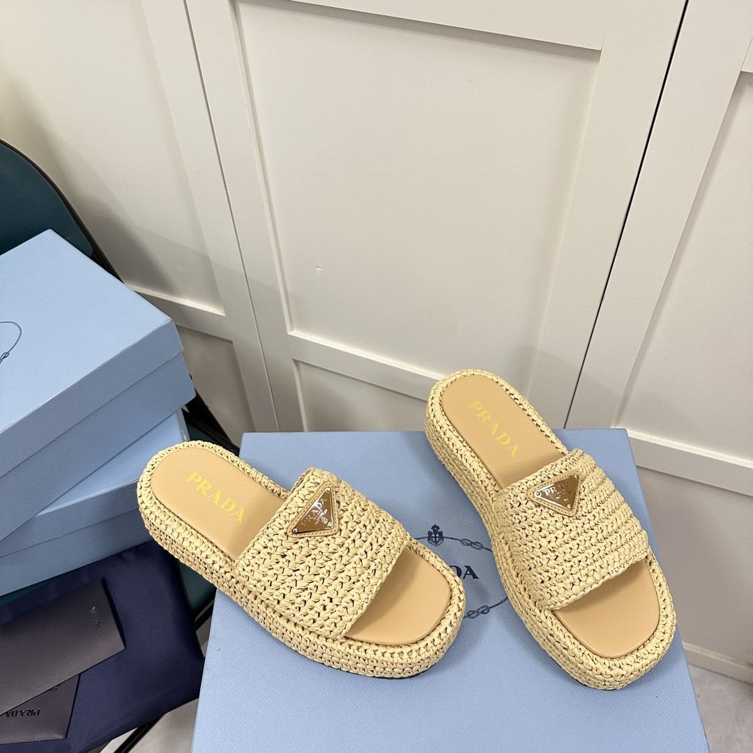 Prada Woven straw slippers