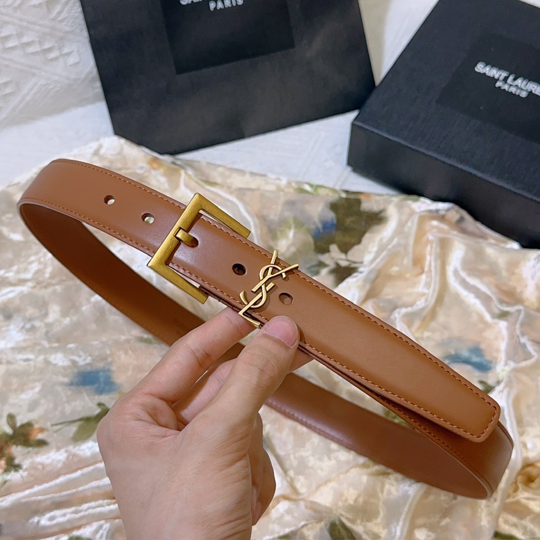 YSL Saint Laurent square buckle belt with CASSANDRE logo belt loop.