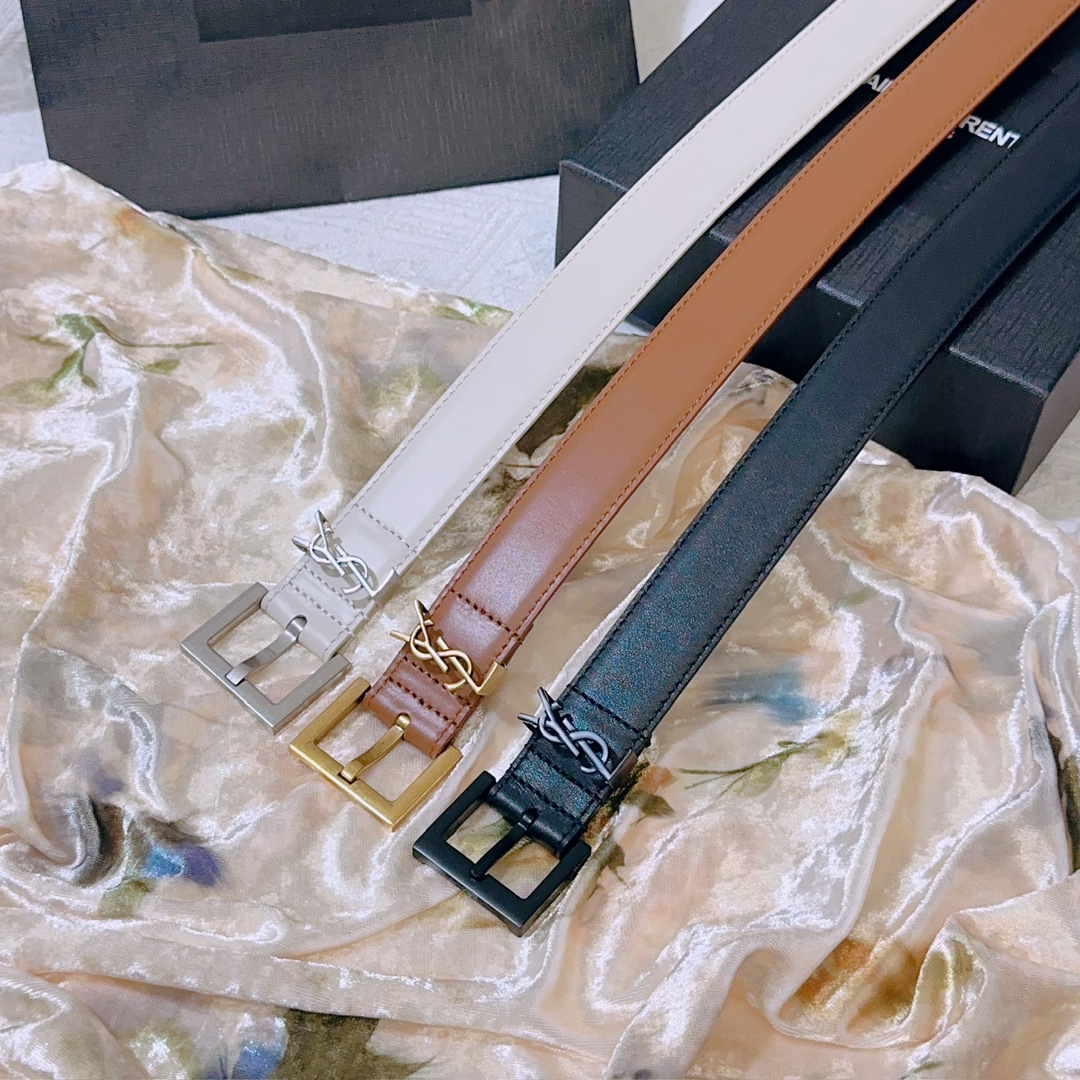 YSL Saint Laurent square buckle belt with CASSANDRE logo belt loop.