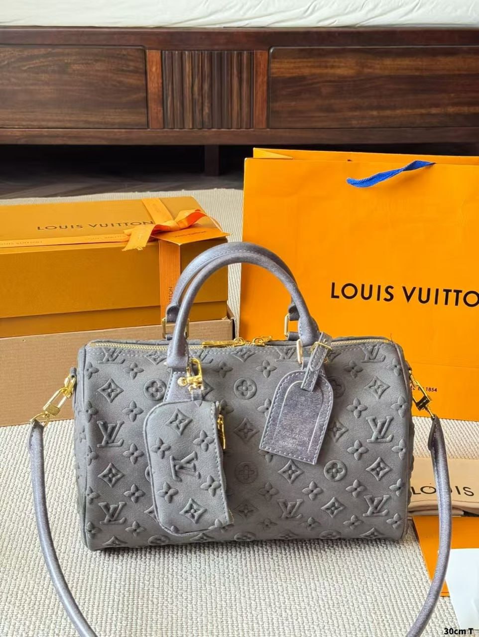 Louis Vuitton LV Monogram Embossed Leather Speedy Bandoulière 30CM Handbag Grey