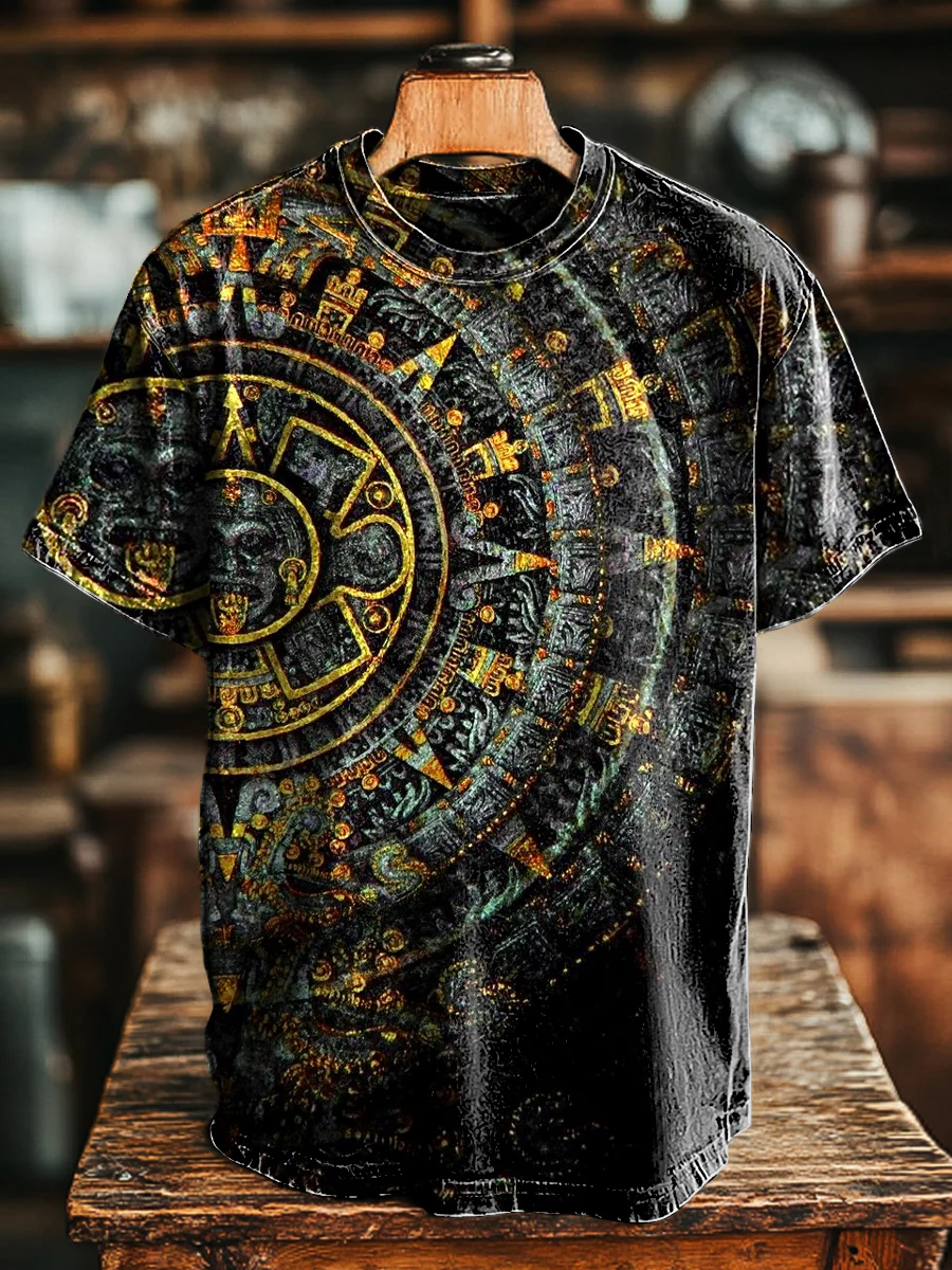 Unisex Vintage Compass Abstract Print Casual Loose Short Sleeve T-Shirt