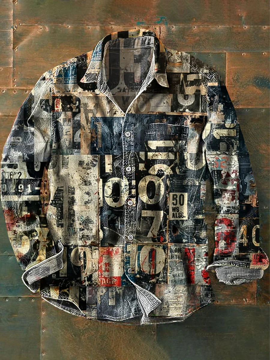 Men's Vintage Country Digital Newspaper Art Print Long Sleeve Pocket Shirt