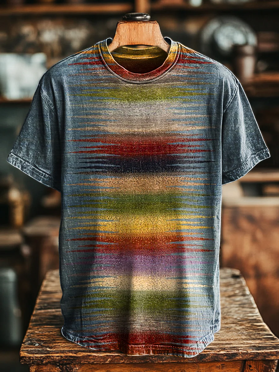 Unisex Retro Abstract Color Line Print Casual Loose Short Sleeve T-Shirt