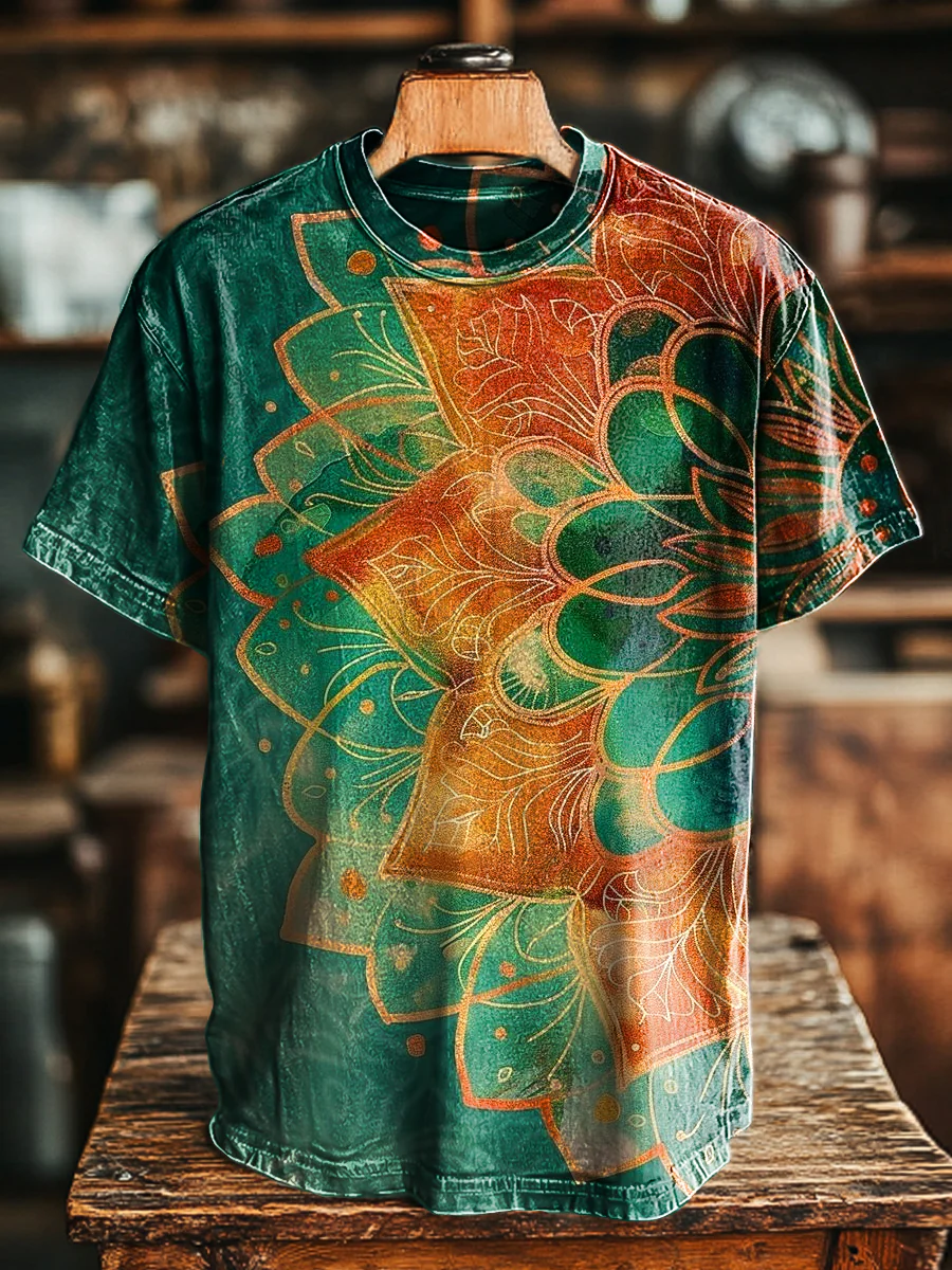 Unisex Vintage Abstract Mandala Floral Print Casual Loose Short Sleeve T-Shirt