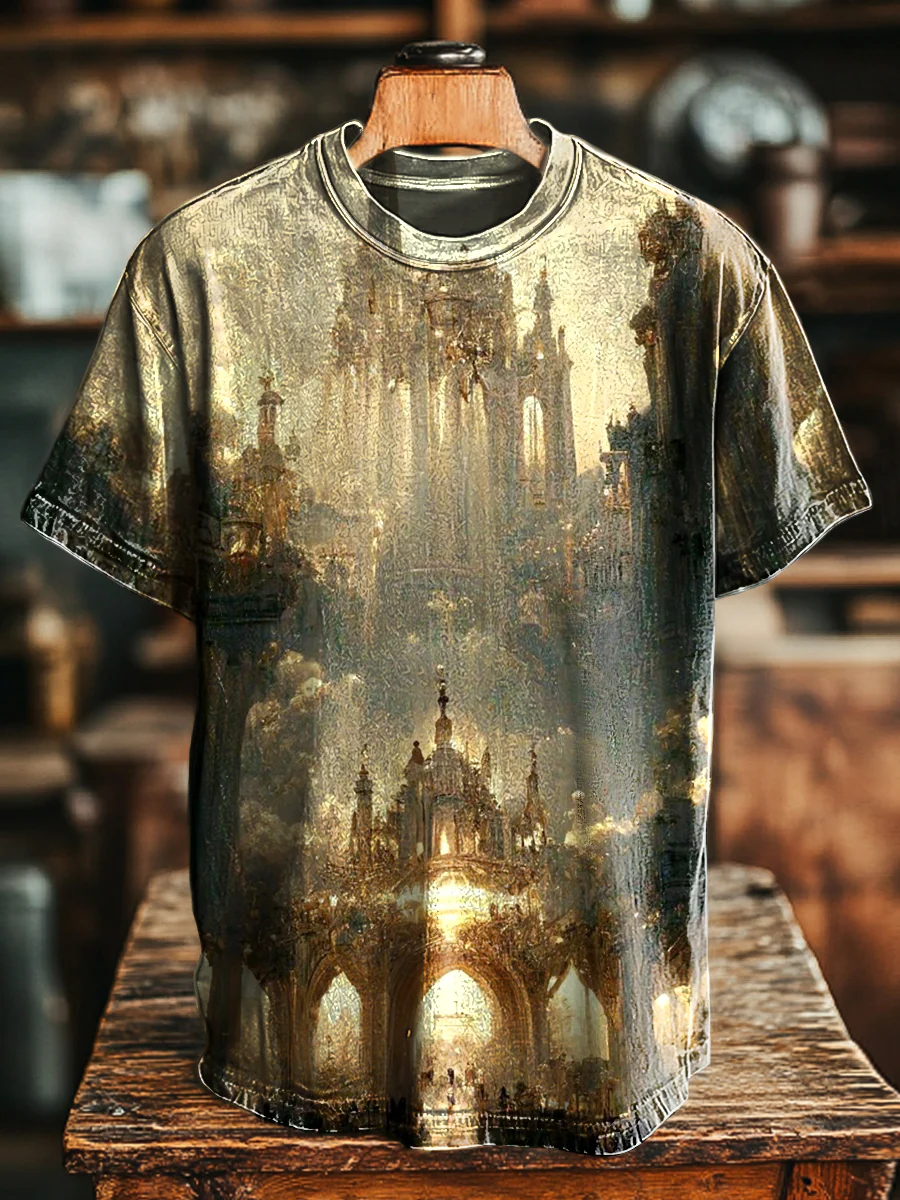 Unisex Vintage Mystic Sanctuary Print Casual Loose Short Sleeve T-Shirt