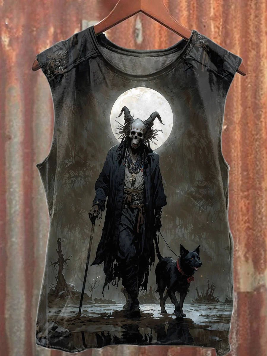 Unisex Vintage Goat Skull Art Illustration Print Casual Cotton Tank Top