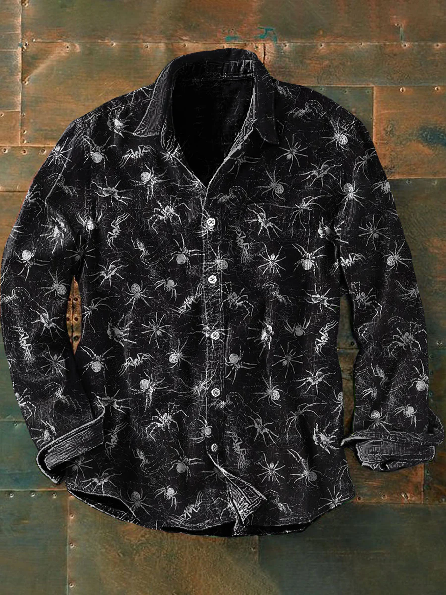 Unisex Men's Retro Punk Dark Spider Abstract Print Casual Long Sleeve Shirt