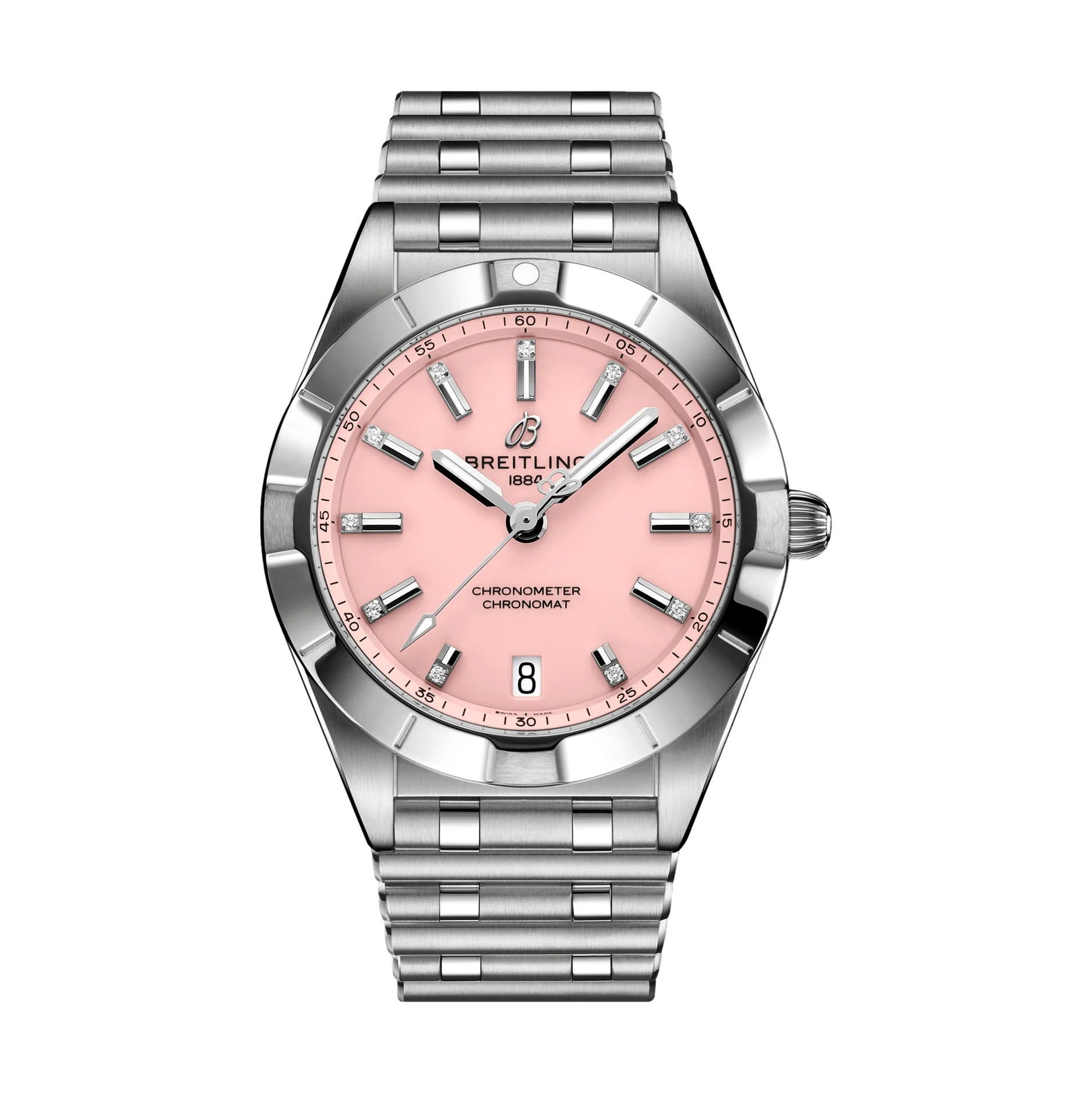 Chronomat 32mm Stainless Steel - Pink with Diamonds on Markers