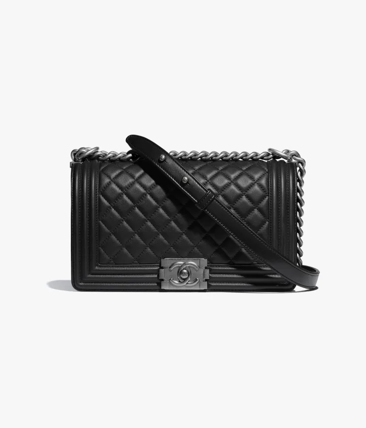 Grained Shiny Calfskin & Sliver-Tone Metal Black  1