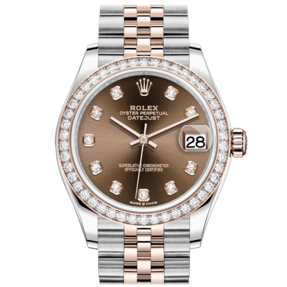 Rolex Datejust 31 Chocolate Diamonds Dial Diamond Bezel Rose Gold Two Tone Jubilee Watch 278381RBR 278381