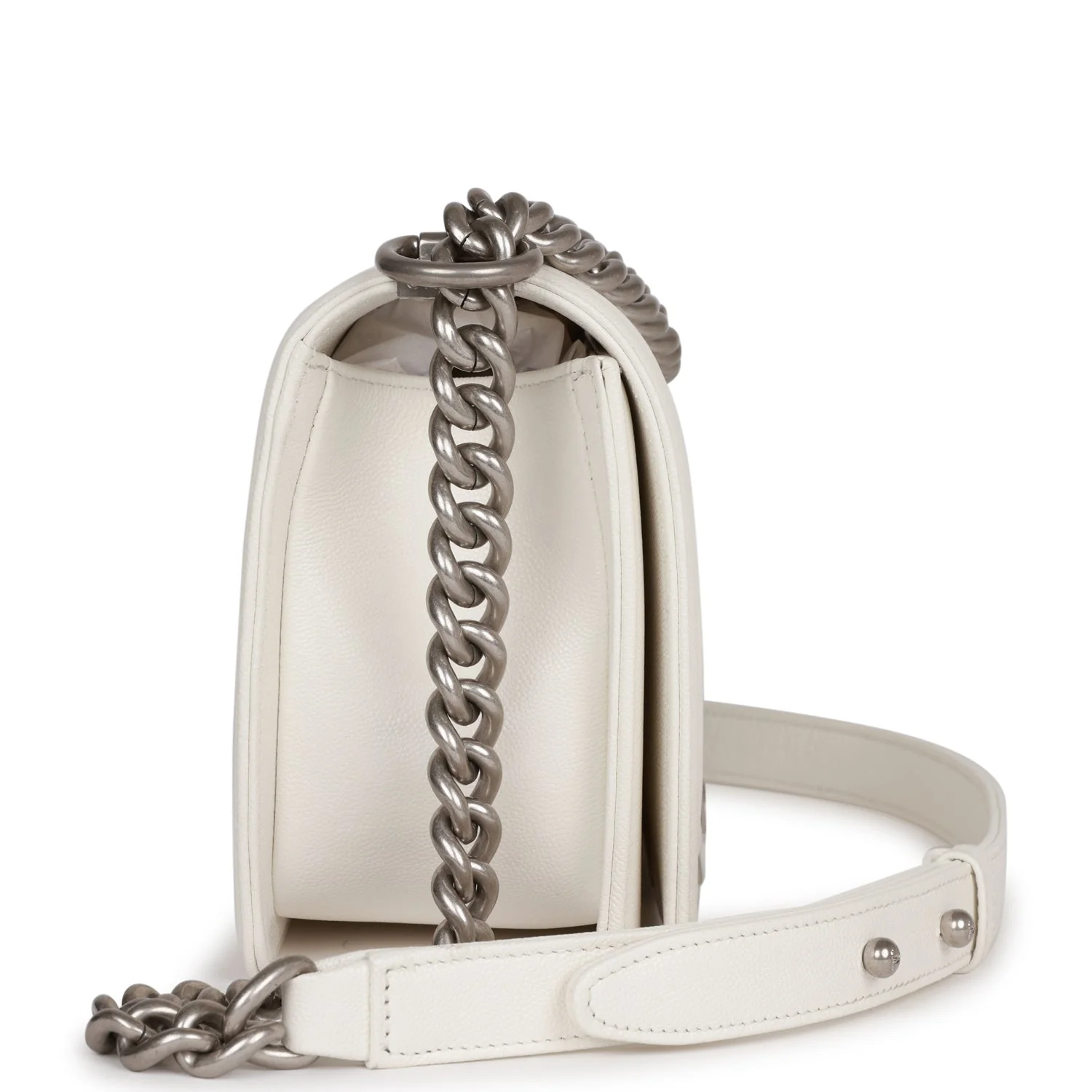 Chanel Medium Boy Bag White Caviar Aged Silver Hardware