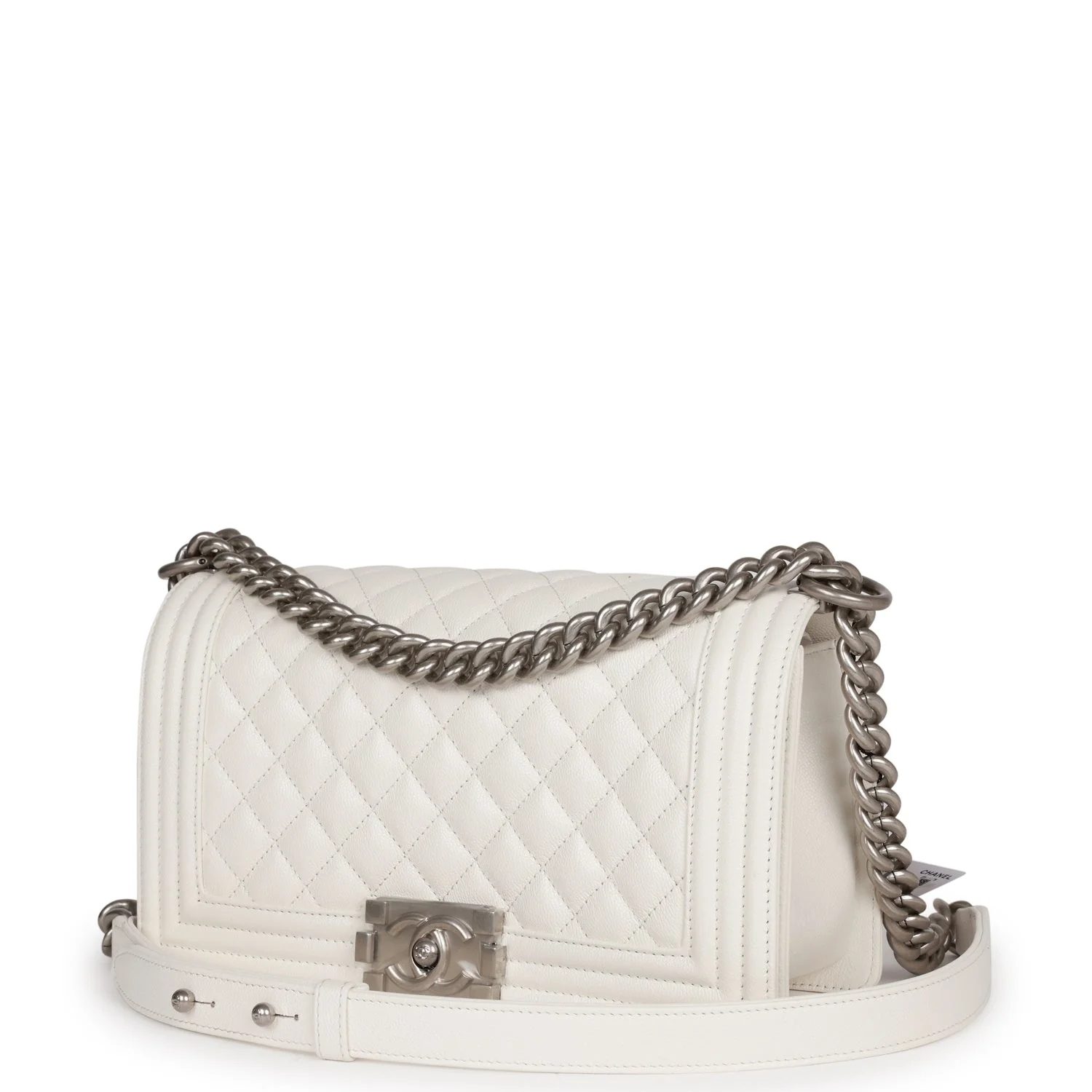 Chanel Medium Boy Bag White Caviar Aged Silver Hardware