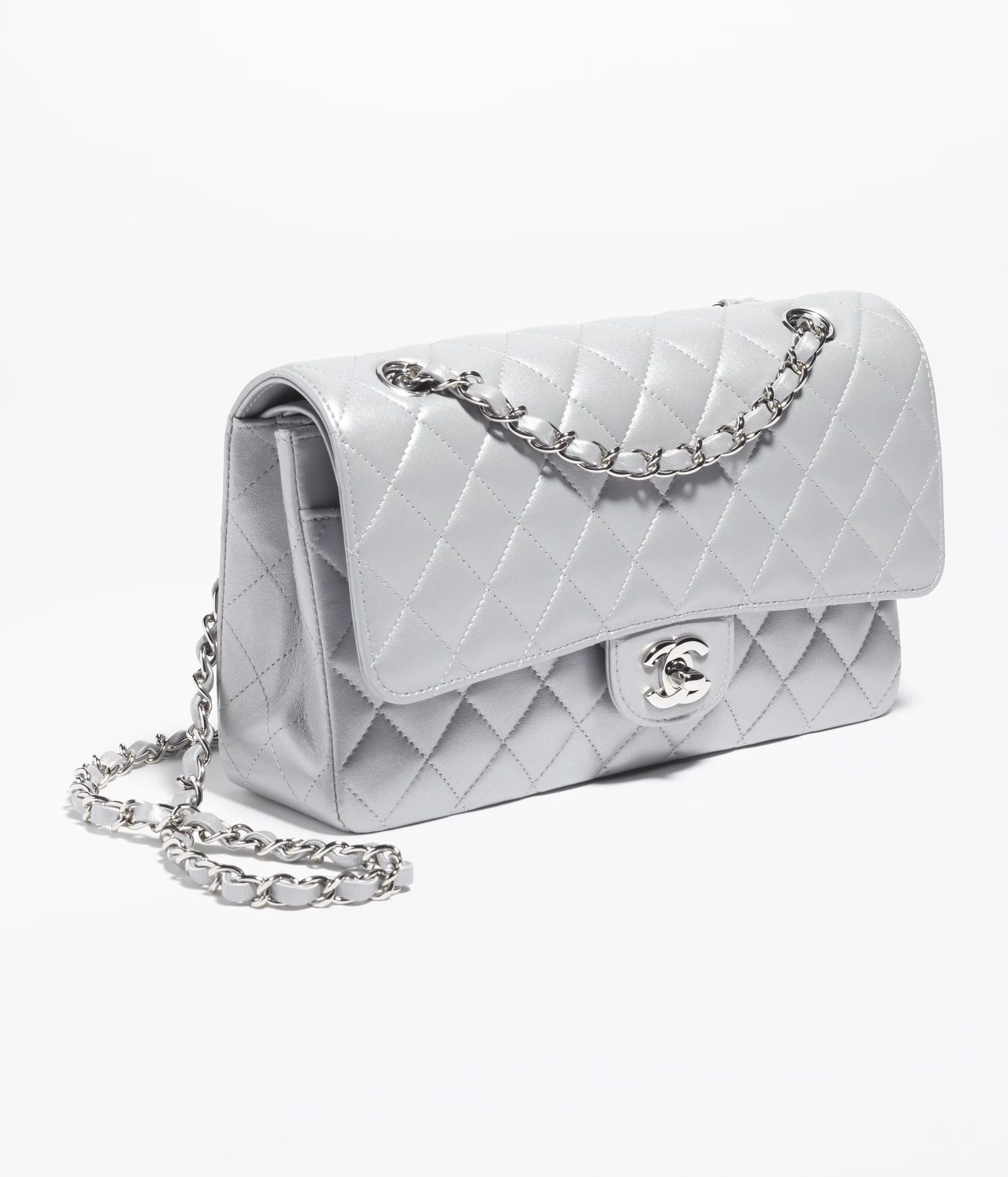 Chanel Medium Classic Double Flap Bag Silver Metallic Lambskin Silver Hardware