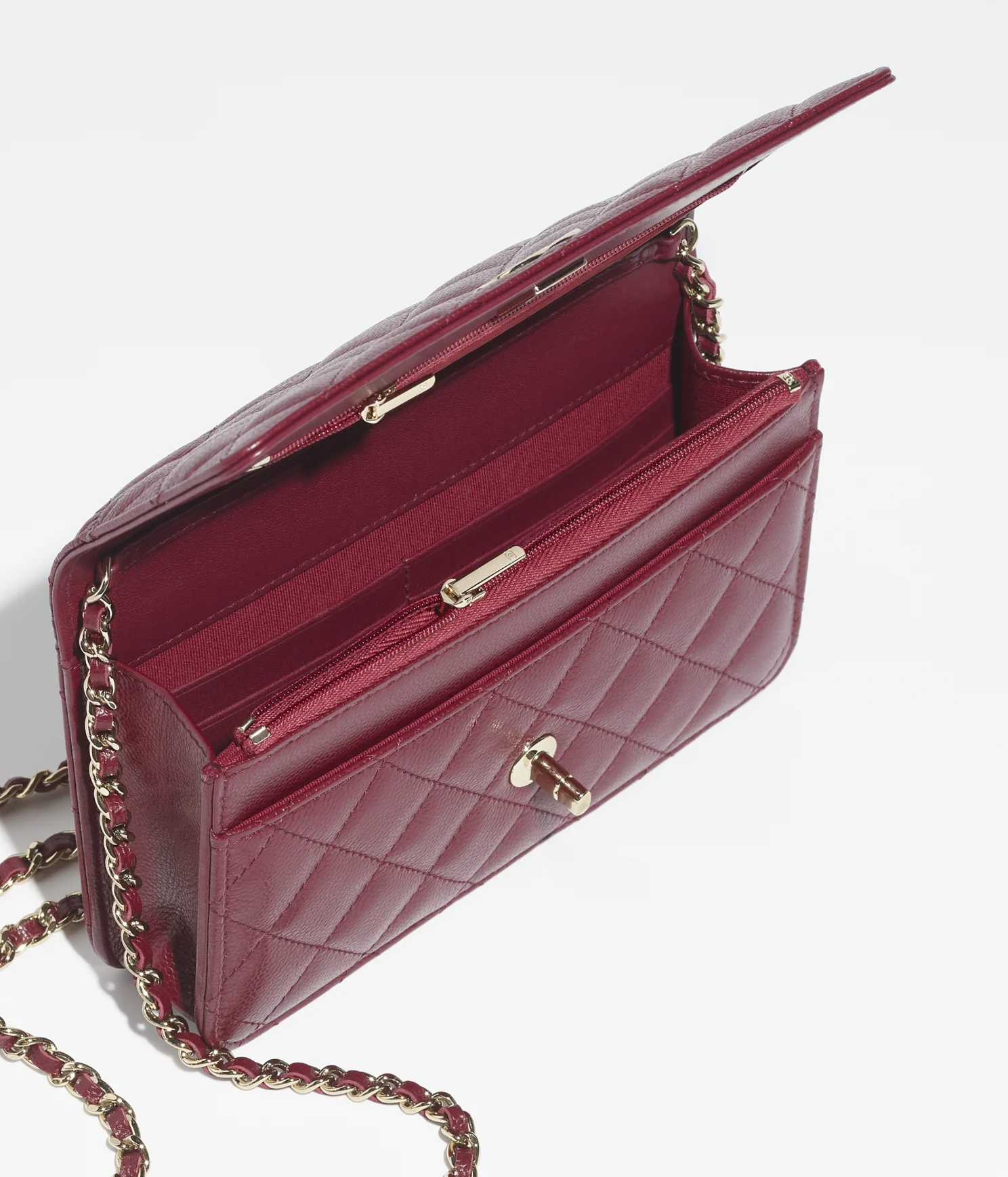 WALLET ON CHAIN Grained Calfskin & Gold-Tone Metal Burgundy  1