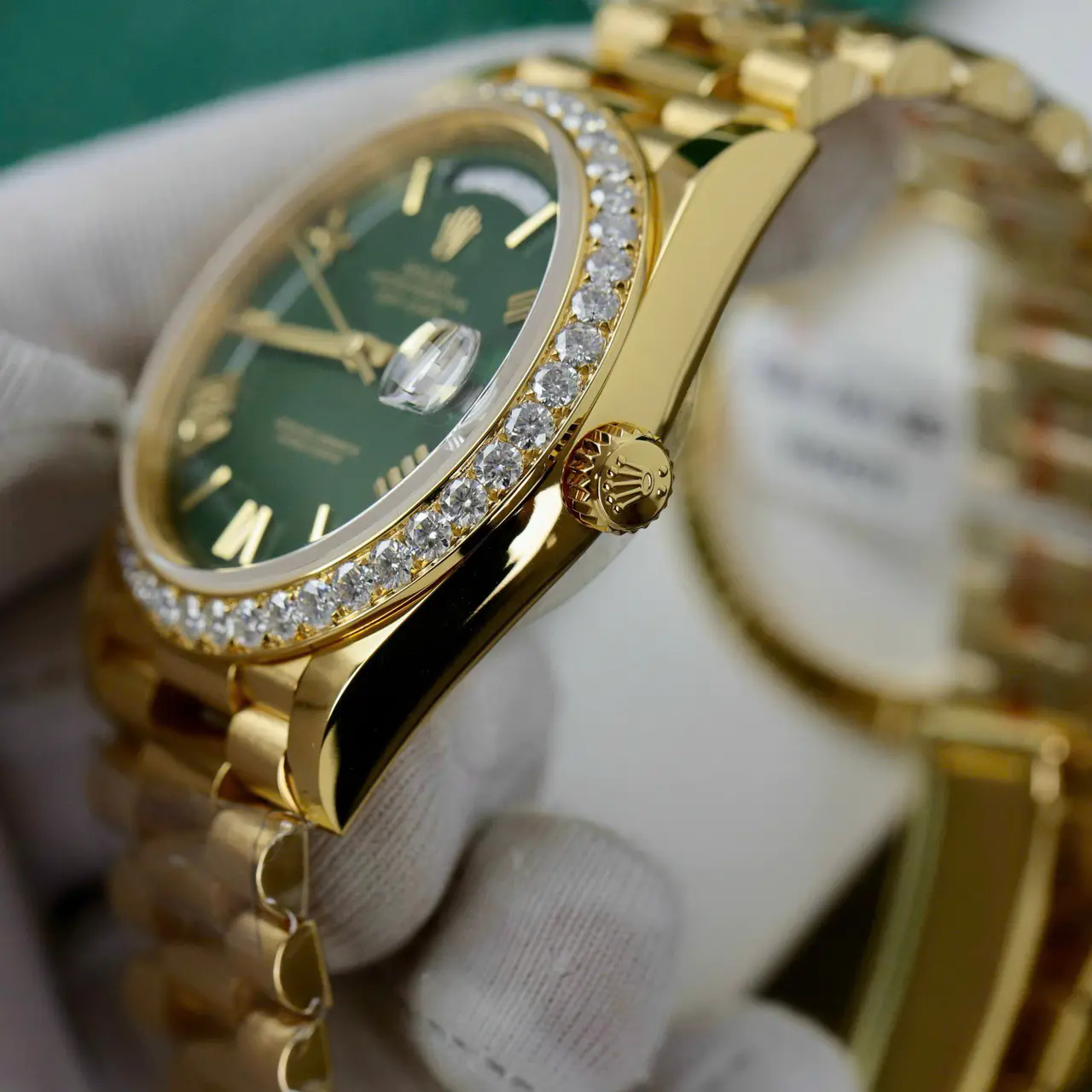 Rolex Day-Date 228348RBR Yellow Gold Green Ombre Roman Numeral Dial Diamond Bezel Replica