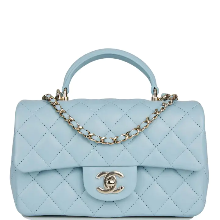 CHANEL Mini Rectangular Flap with Top Handle Blue Lambskin Light Gold Hardware