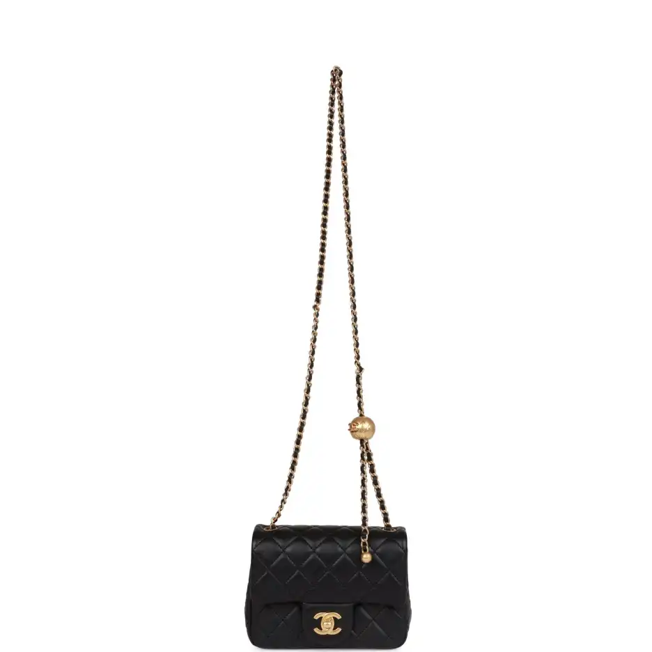 CC Pearl Crush Mini Square Flap Bag Black Lambskin Antique Gold Hardware