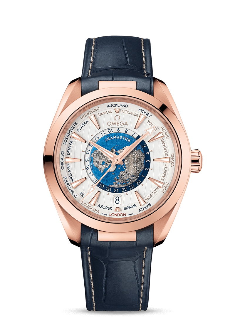 Omega Aqua Terra 150M GMT Worldtimer Chronometer 43mm Sedna™ Gold Leather strap 220.53.43.22.02.001