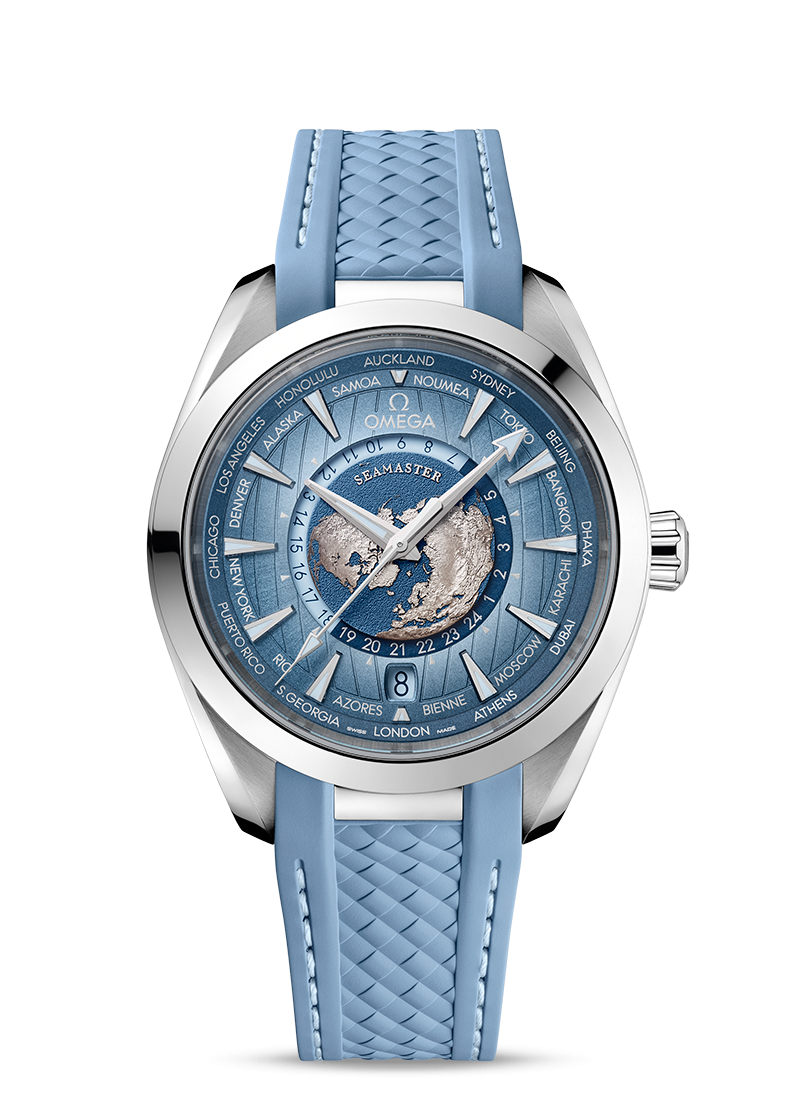 Omega Aqua Terra 150M GMT Worldtimer Chronometer 43mm Summer Blue 220.12.43.22.03.002 Rubber strap