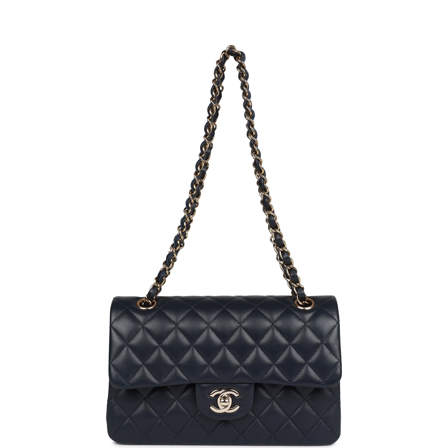 Chanel Small Classic Double Flap Navy Lambskin Light Gold Hardware