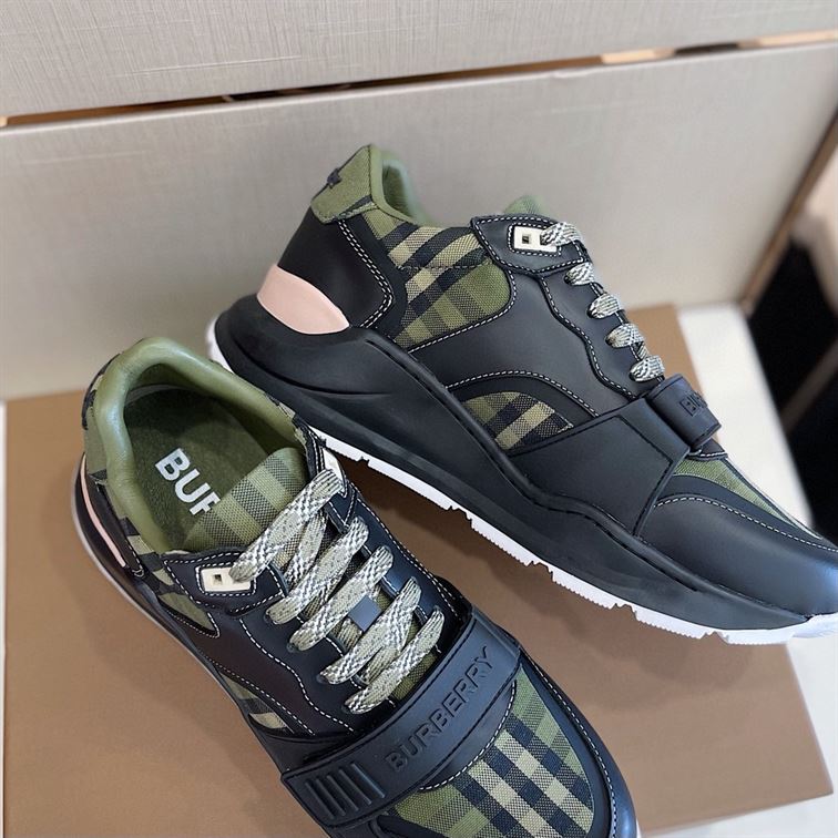 BURBERRY CHECK LACE-UP SNEAKERS IN MILITARY GREEN – BBR008