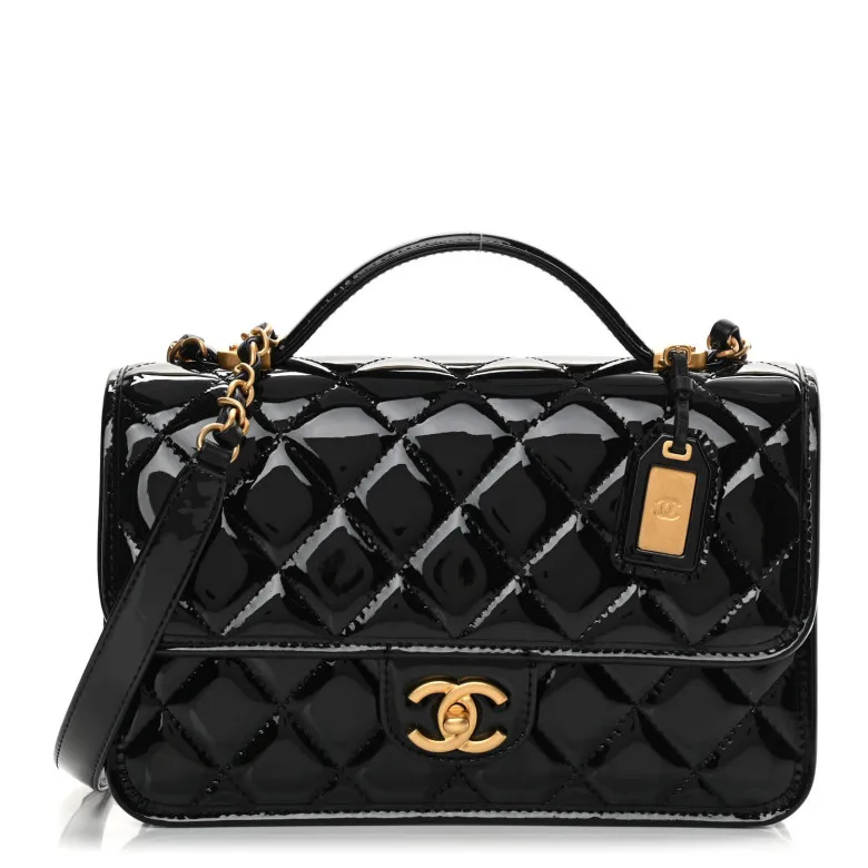 Chanel Patent Quilted Small Top Handle Flap Black