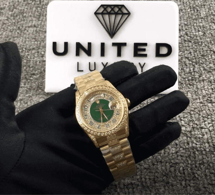Rolex Datejust Yellow Gold Green Dial Iced out 118348 Replica