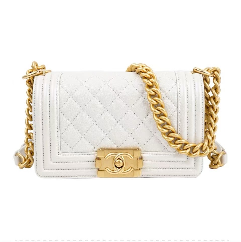 Chanel Medium Boy Bag White Caviar Aged Gold Hardware