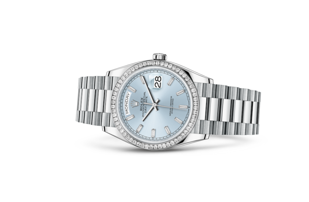 Lady Rolex DAY-DATE 36 128396TBR Ice Blue Baguette Index Replica