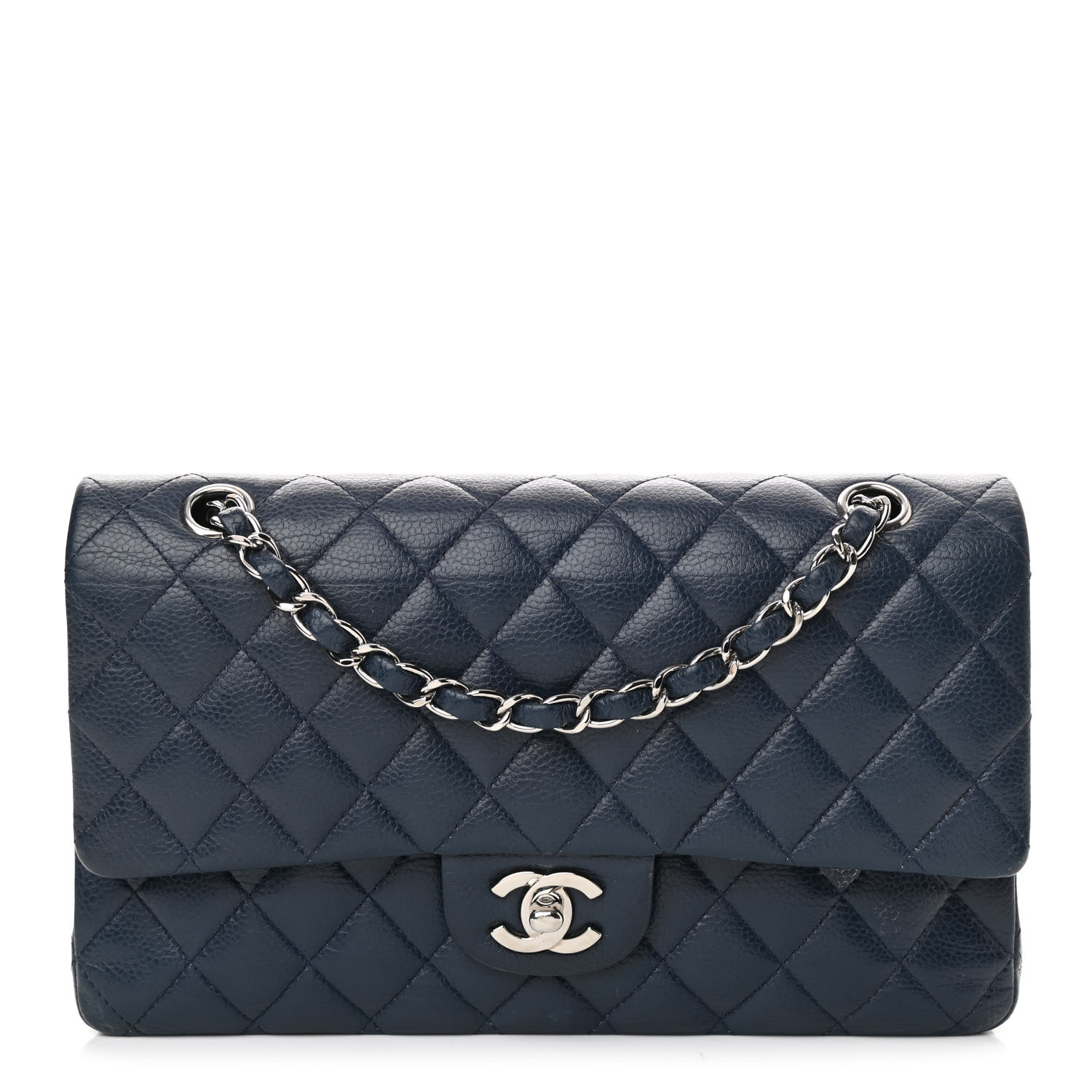 Chanel Medium Classic Double Petal Navy Blue Lambskin Silver Accessories