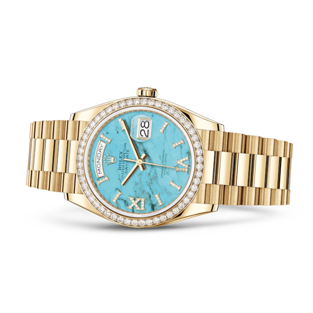 Rolex Day-Date 128348RBR Yellow Gold Diamond Bezel Turquoise Diamond Dial