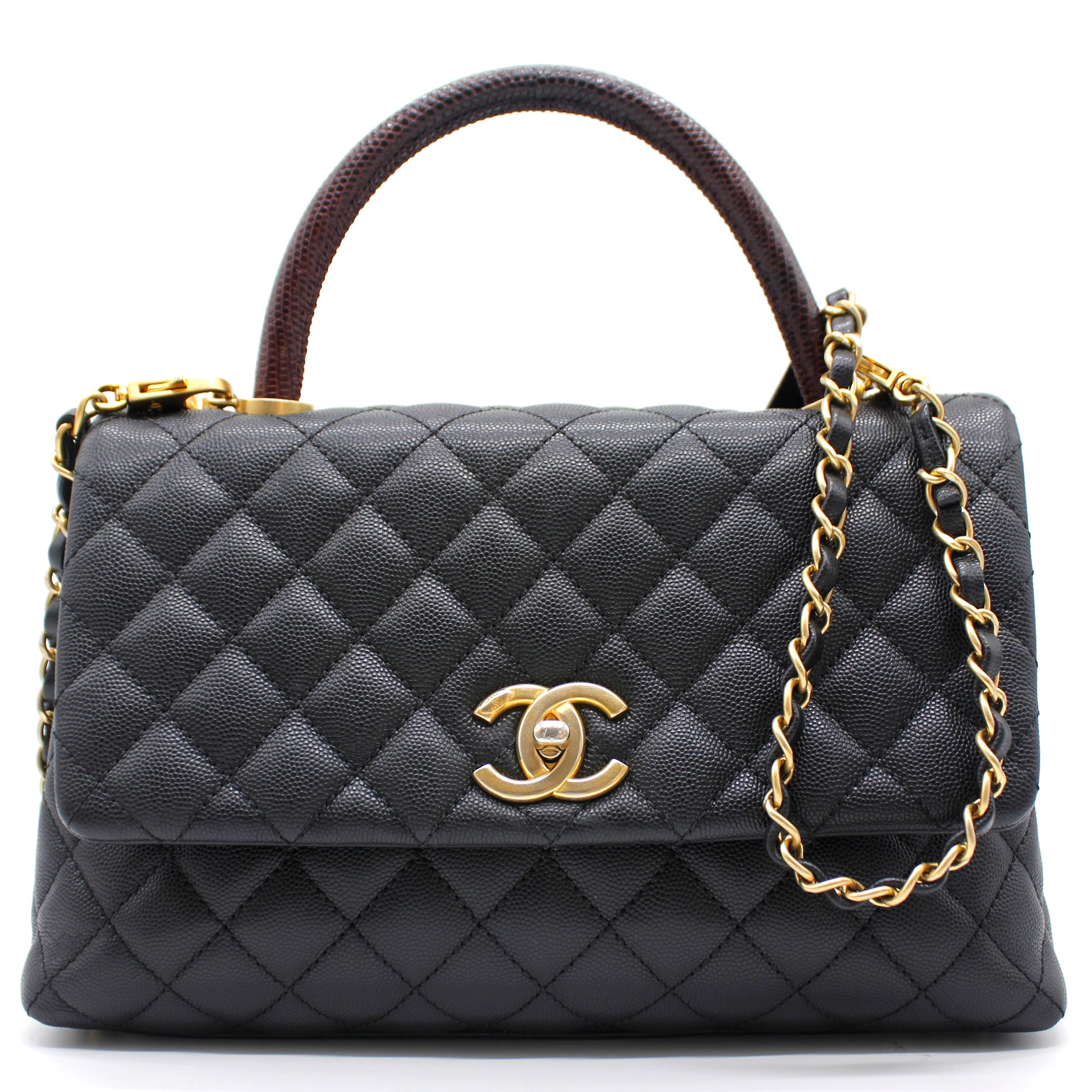 Chanel Medium Coco Handle Quilted Black Caviar Lizard Handle Gold Hardware