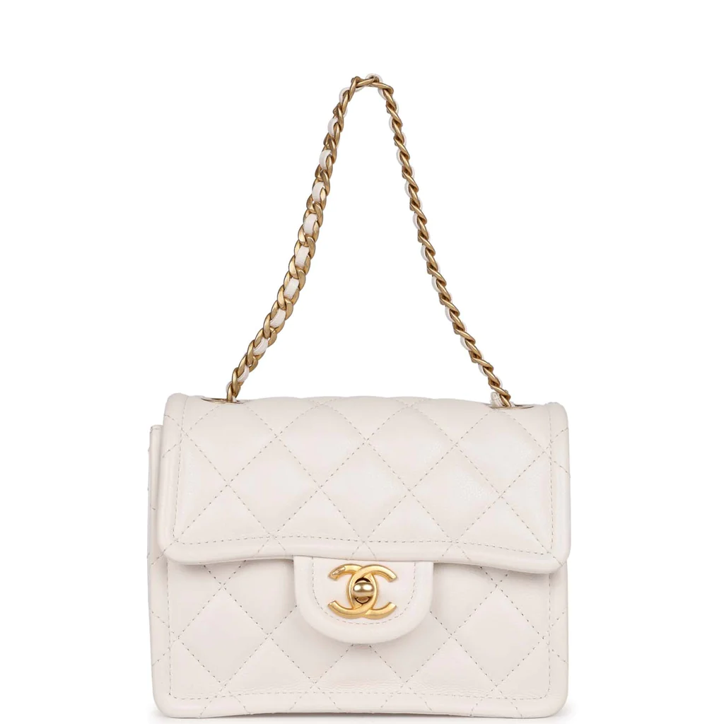 Chanel Mini Sweet Classic Flap White Caviar Aged Gold Hardware