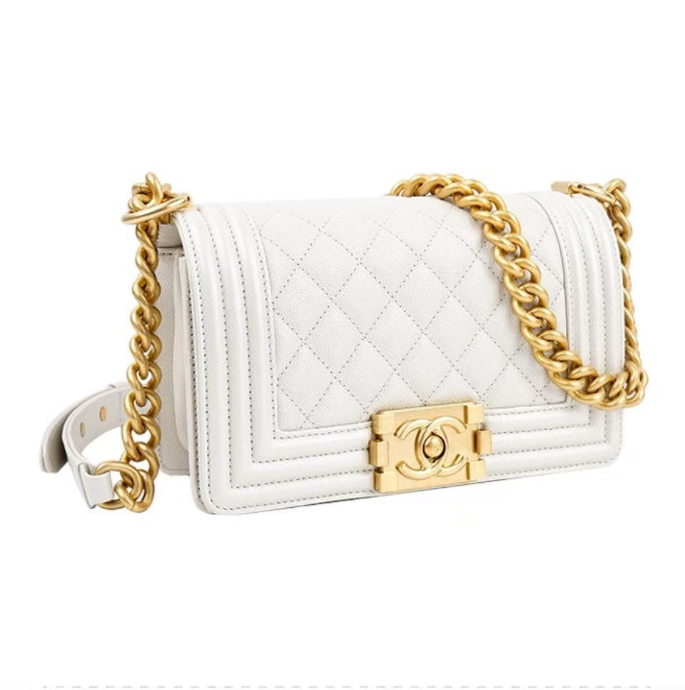 Chanel Medium Boy Bag White Caviar Aged Gold Hardware