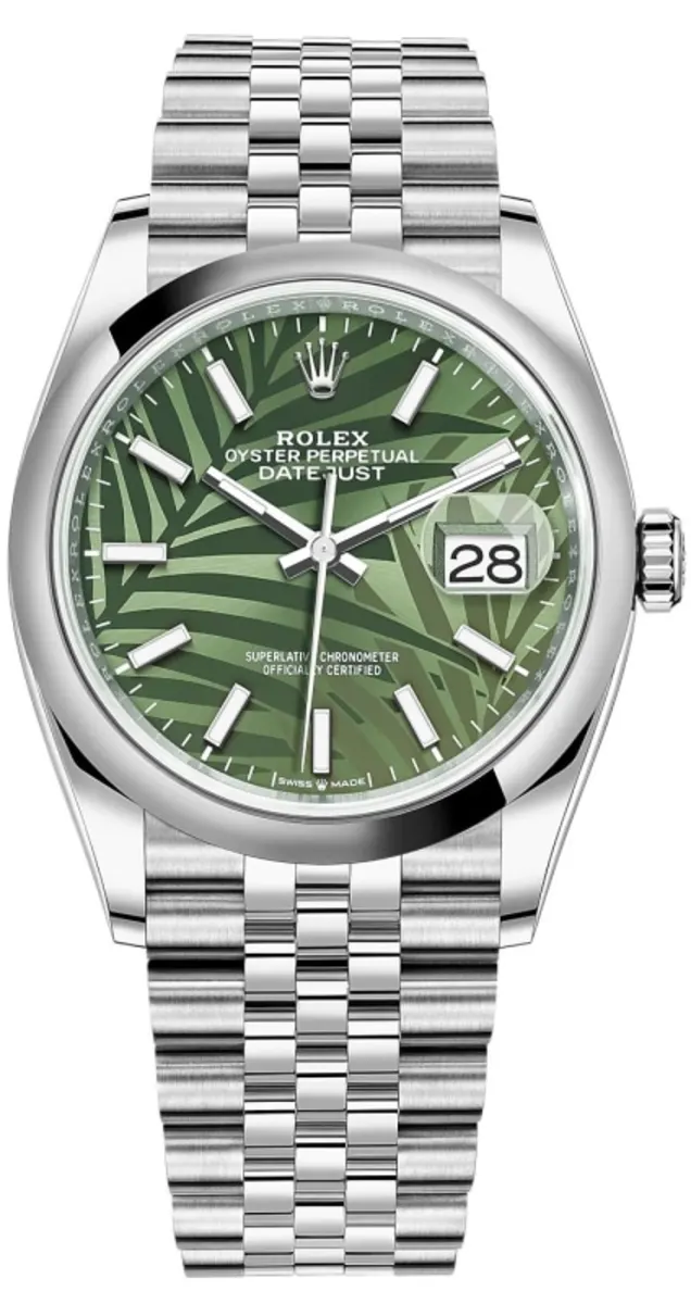 Rolex Datejust 36 Stainless Steel Olive Green Palm-Motif Dial Women's Watch M126200-0019