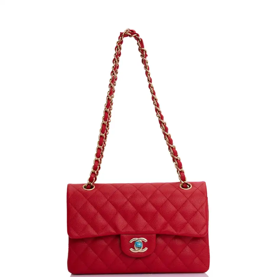 Chanel Small Classic Double Flap Red Caviar Light Gold Hardware
