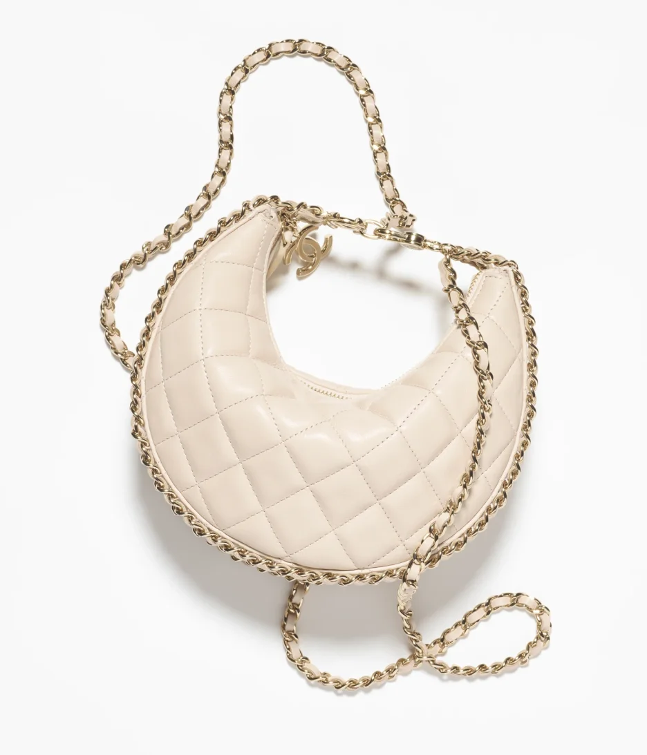 SMALL HOBO BAG Lambskin & Shiny Light Gold Metal Ecru