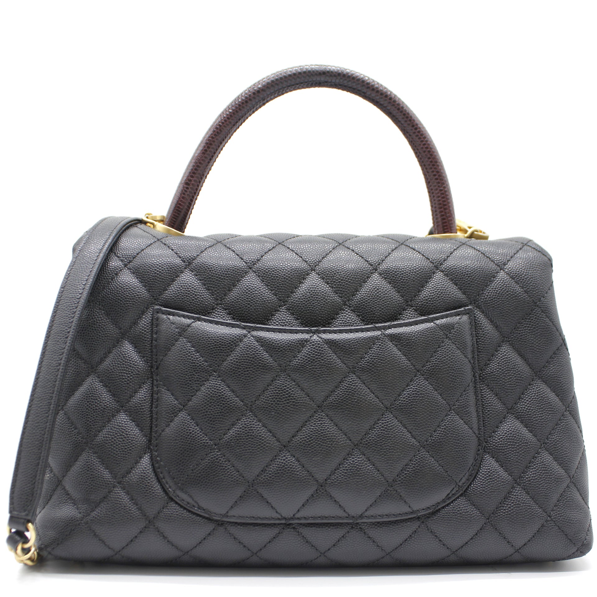 Chanel Medium Coco Handle Quilted Black Caviar Lizard Handle Gold Hardware