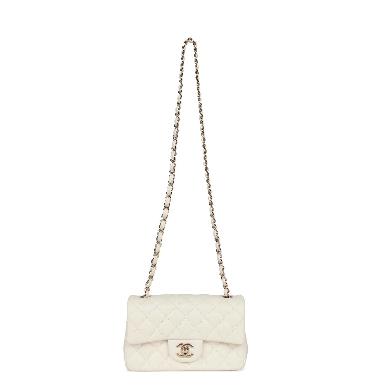 Chanel Mini Rectangular Flap Bag White Lambskin Light Gold Hardware