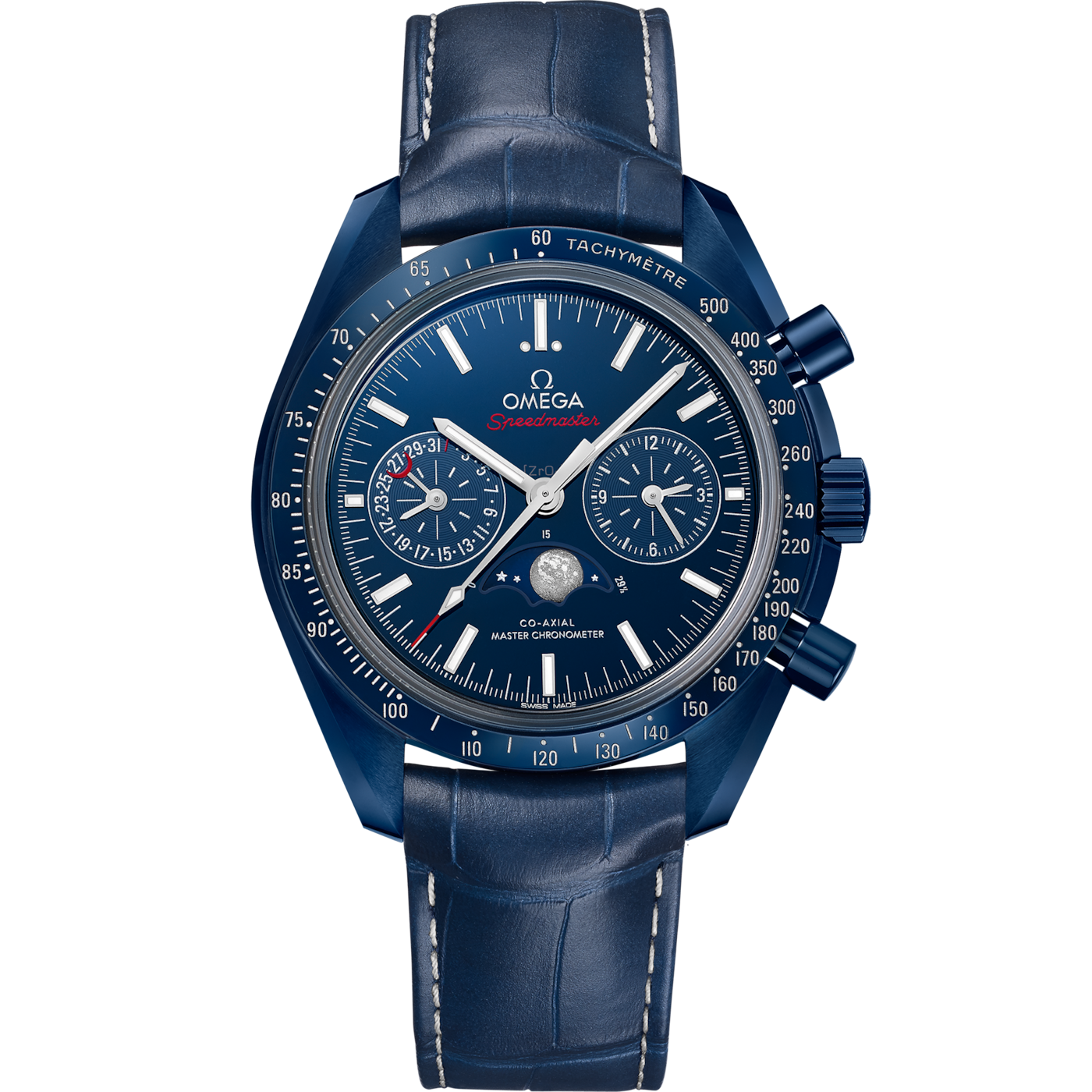 OMEGA SPEEDMASTER MOONPHASE 44.25 MM, BLUE CERAMIC ON LEATHER STRAP