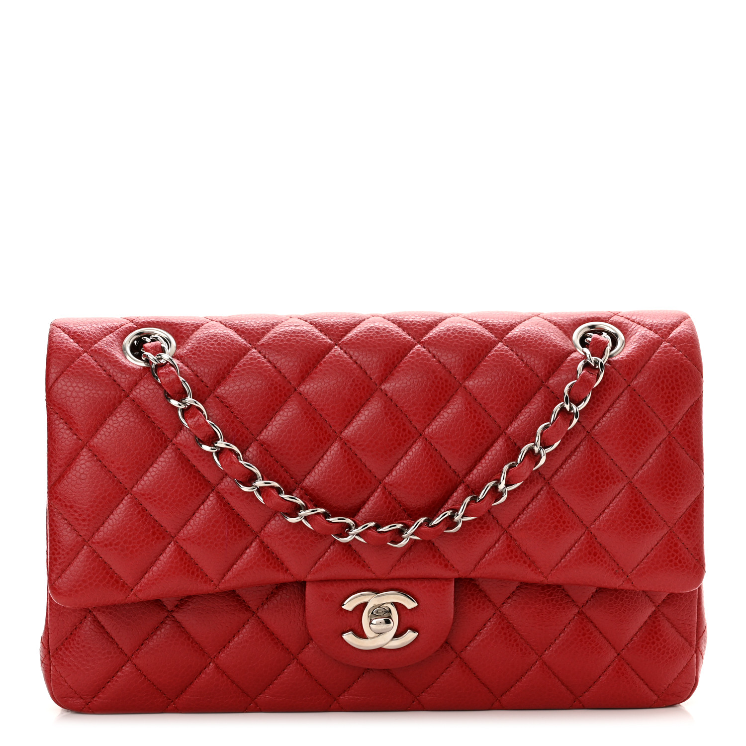 Caviar Quilted Medium Double Flap Red Silver Accessories