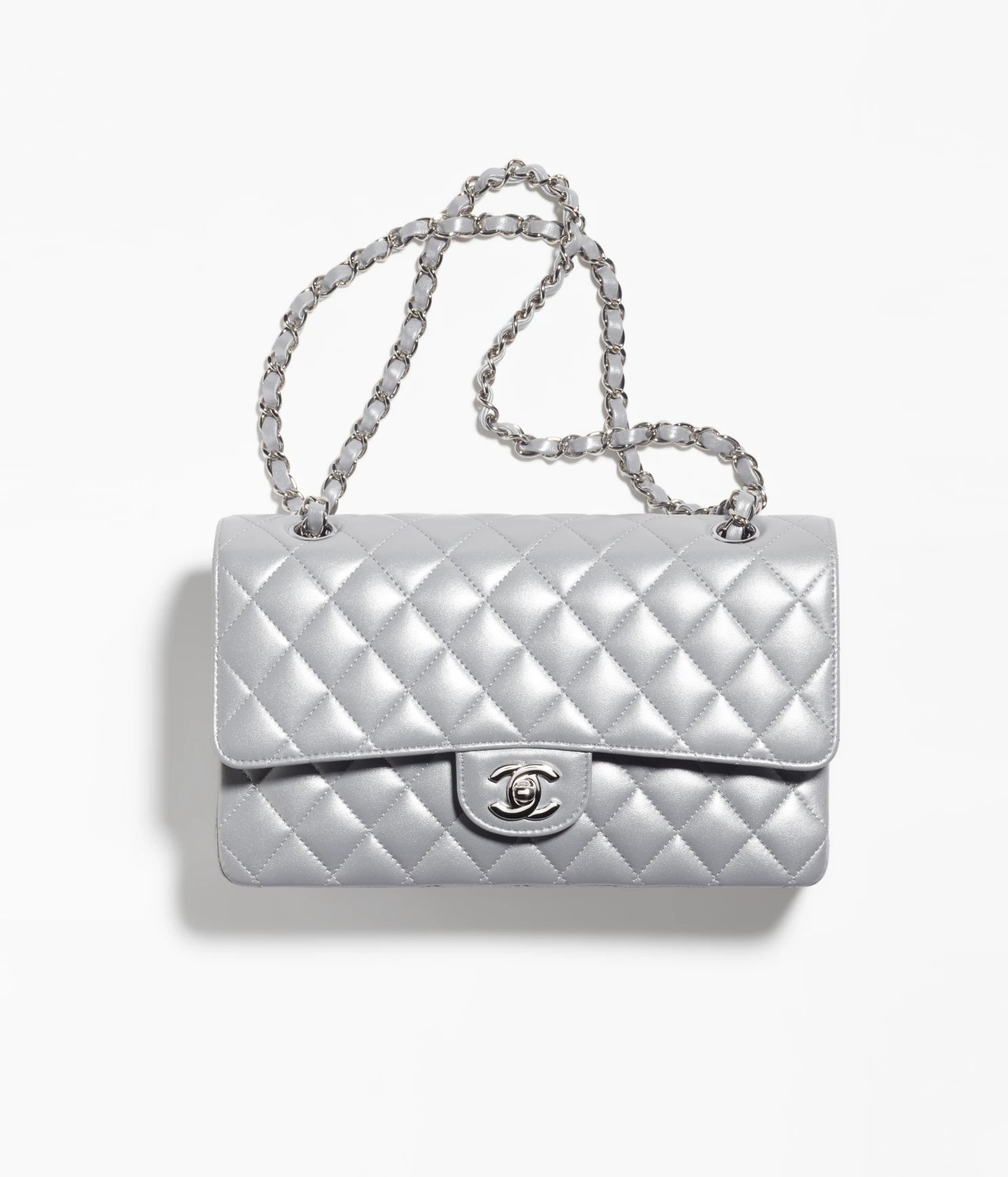 Chanel Medium Classic Double Flap Bag Silver Metallic Lambskin Silver Hardware