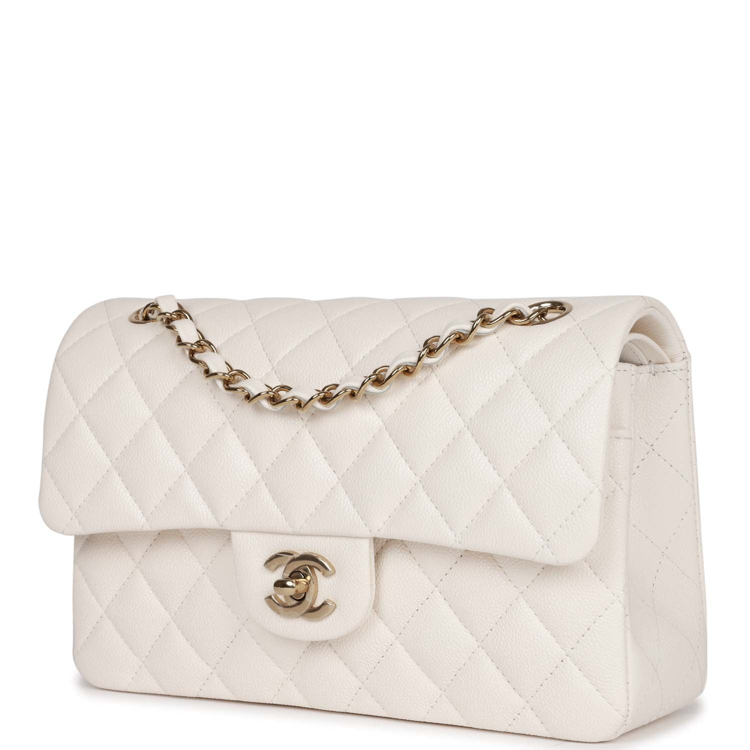 Chanel Small Classic Double Flap Bag White Caviar Light Gold Hardware