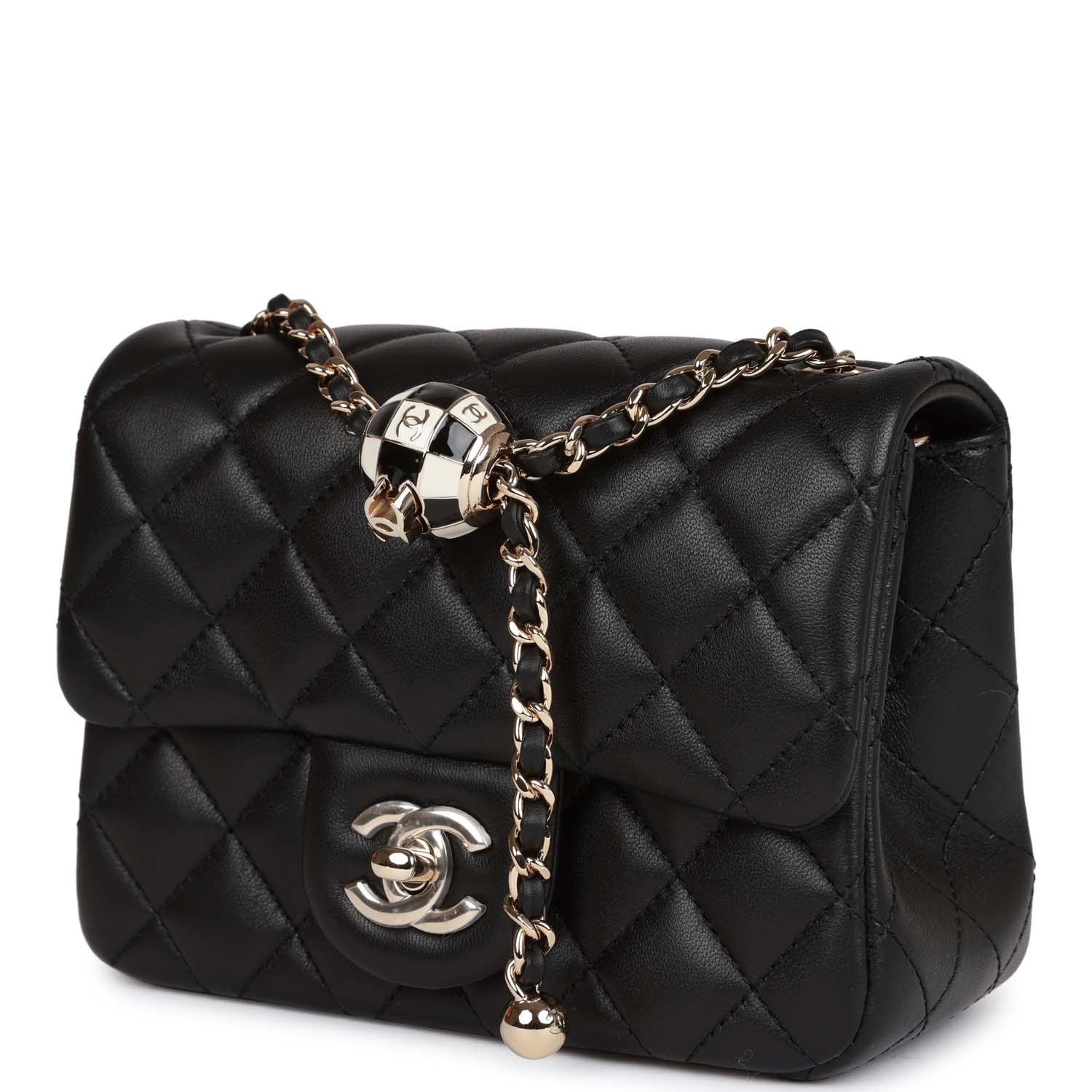 Chanel Pearl Crush Mini Square Flap Bag Black Lambskin Light Gold Hardware