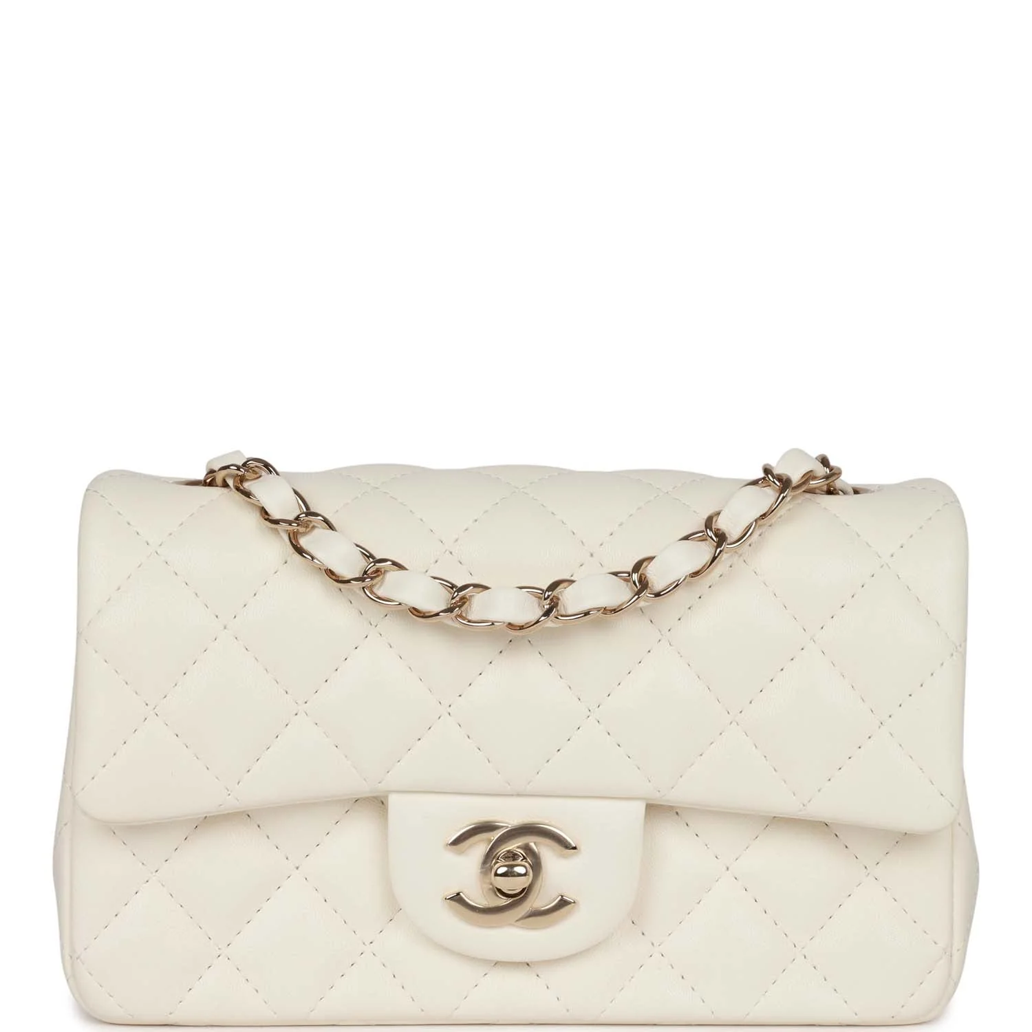 Chanel Mini Rectangular Flap Bag White Lambskin Light Gold Hardware